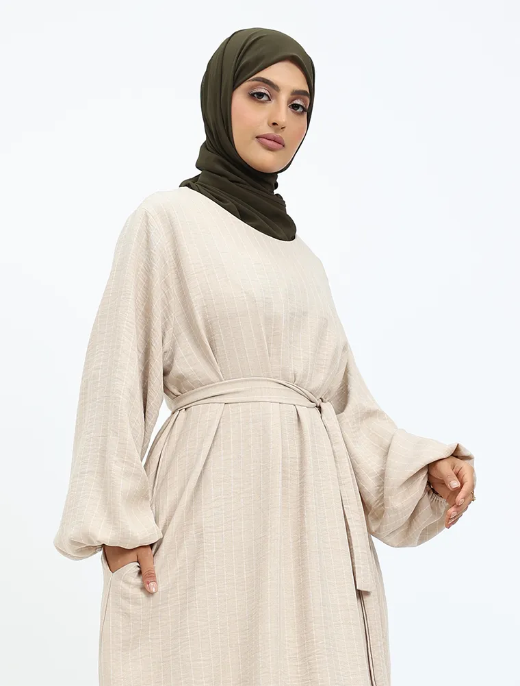 Beige Stripe Linen Feel Essential Abaya